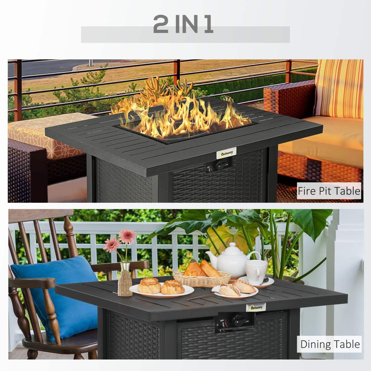 Outsunny 50,000 BTU Gas Fire Pit Table with Protective Cover and Spark Guard – Rattan-Style Outdoor Heater