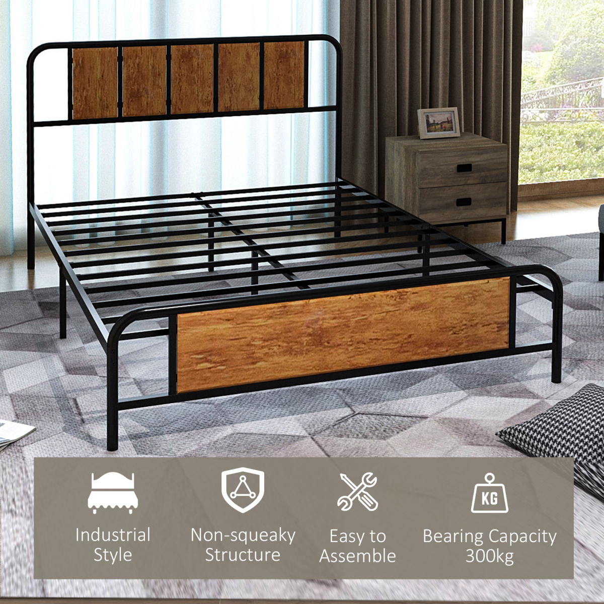 HOMCOM Retro Steel Double Bed Frame with Wood-Effect Headboard & Slatted Base, 145 x 199cm – Brown