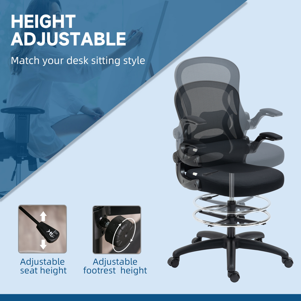 Vinsetto Tall Draughtsman Chair with Flip-Up Arms & Footrest Ring – Drafting Stool, Black
