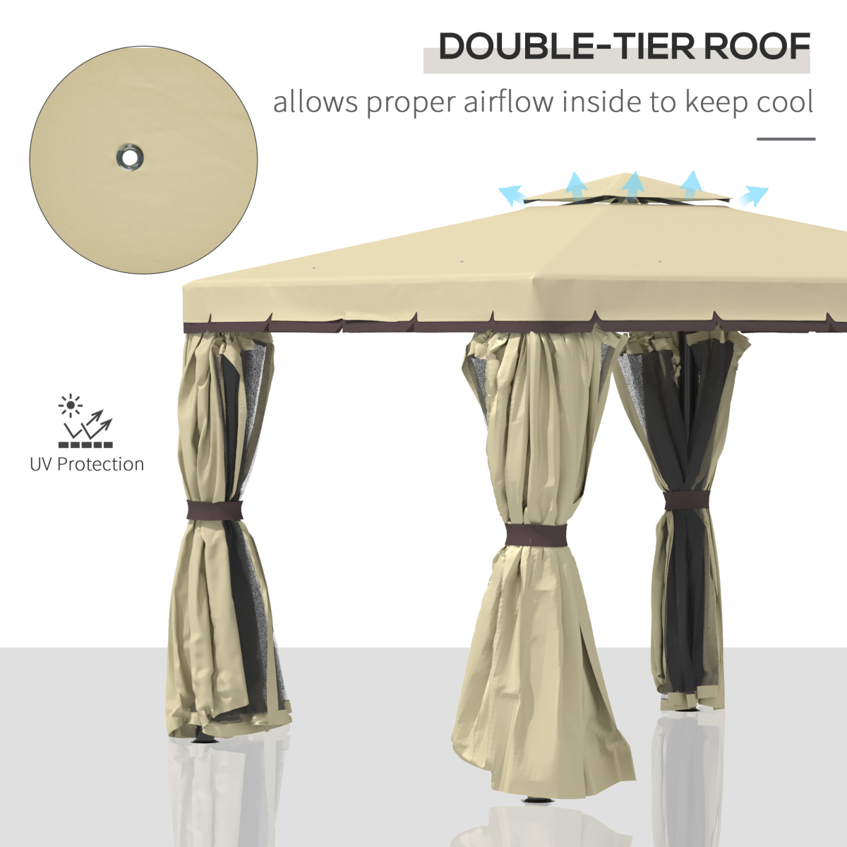 Outsunny 3 x 3m Aluminium Patio Gazebo with Mosquito Net, Four Curtains & Two-Tier Canopy Roof, Beige