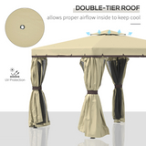 Outsunny 3 x 3m Aluminium Patio Gazebo with Mosquito Net, Four Curtains & Two-Tier Canopy Roof, Beige
