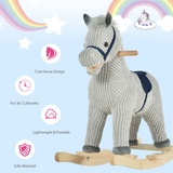 Kids Wooden Rocking Horse with Corduroy Finish, Footrest & Neighing Sounds – Traditional Ride-On, Grey