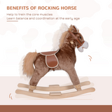 Kids Plush Rocking Horse with Padded Seat, Handles and Solid Wooden Base – Brown and White, 3 Years+
