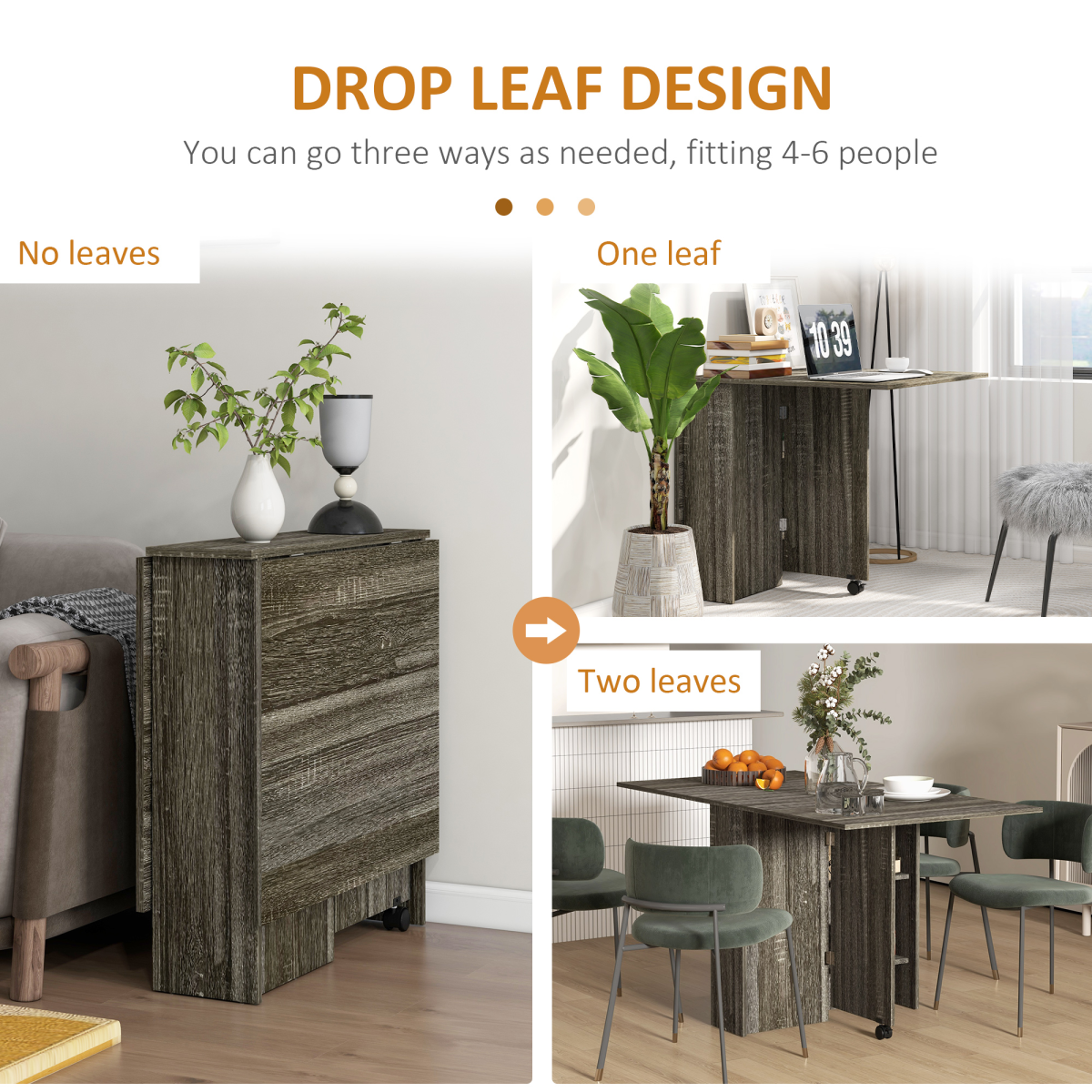 HOMCOM Mobile Drop Leaf Dining Table with 2 Storage Shelves and Brake Wheels – Space-Saving Folding Desk, Grey