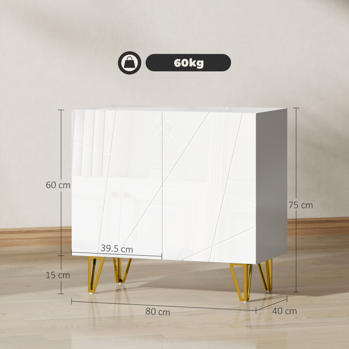 High Gloss White Sideboard Cabinet with Gold Hairpin Legs, Soft-Close Hinges & Adjustable Shelf