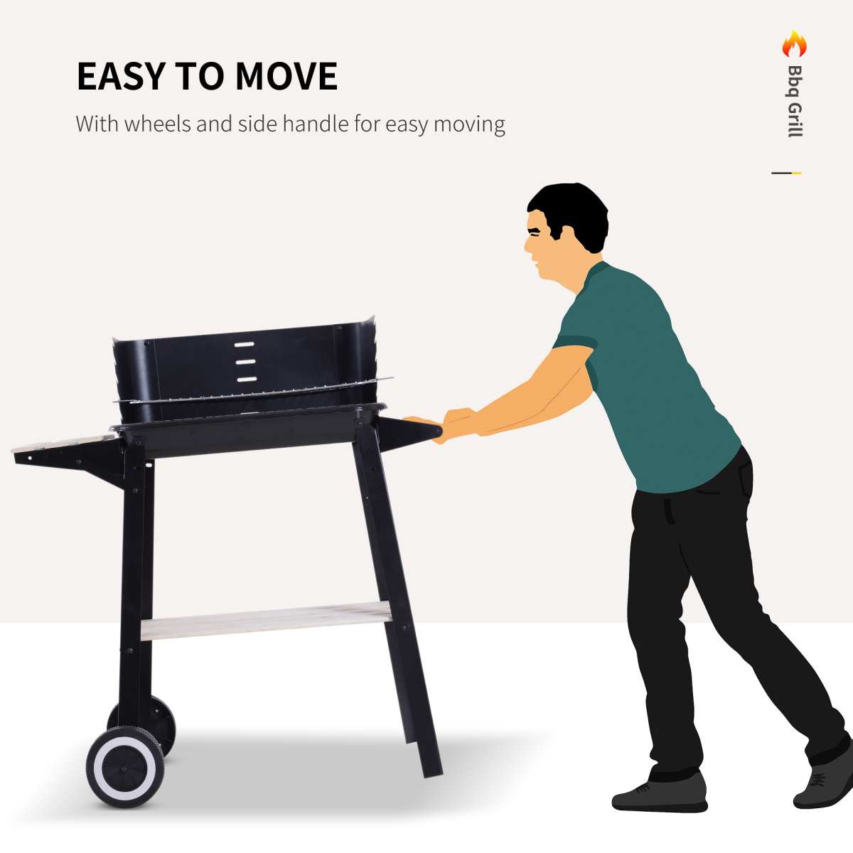 Outsunny Charcoal BBQ Grill with Side Shelf, Wind Shield & Wheels – Enamel Coated, 87 x 45 x 83cm, Black