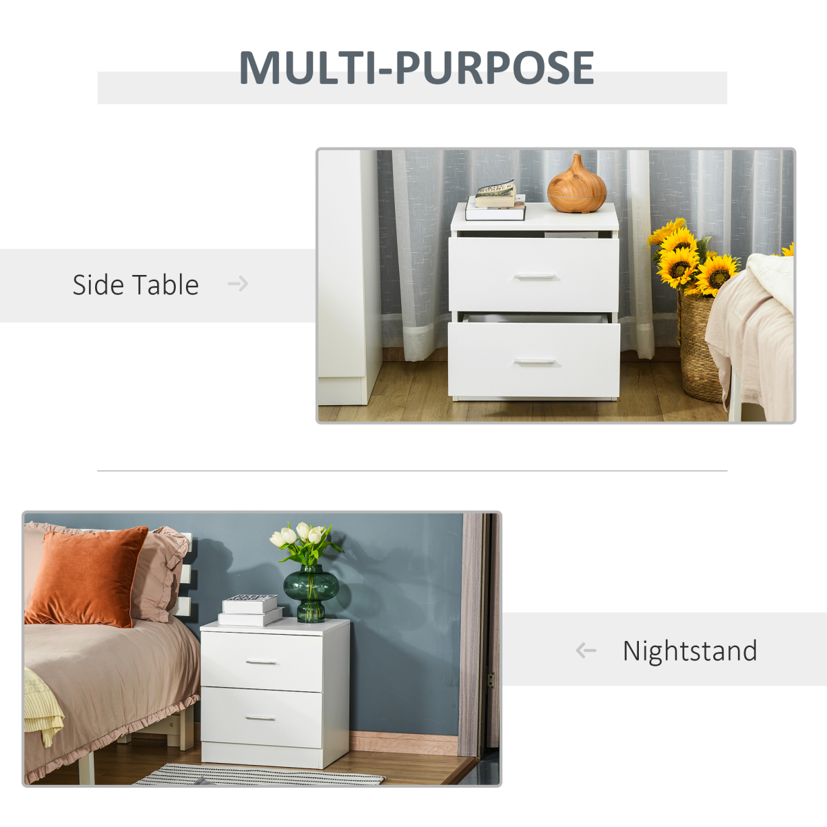 HOMCOM Bedside Table Nightstand with 2 Storage Drawers – Compact Modern Bedroom Cabinet