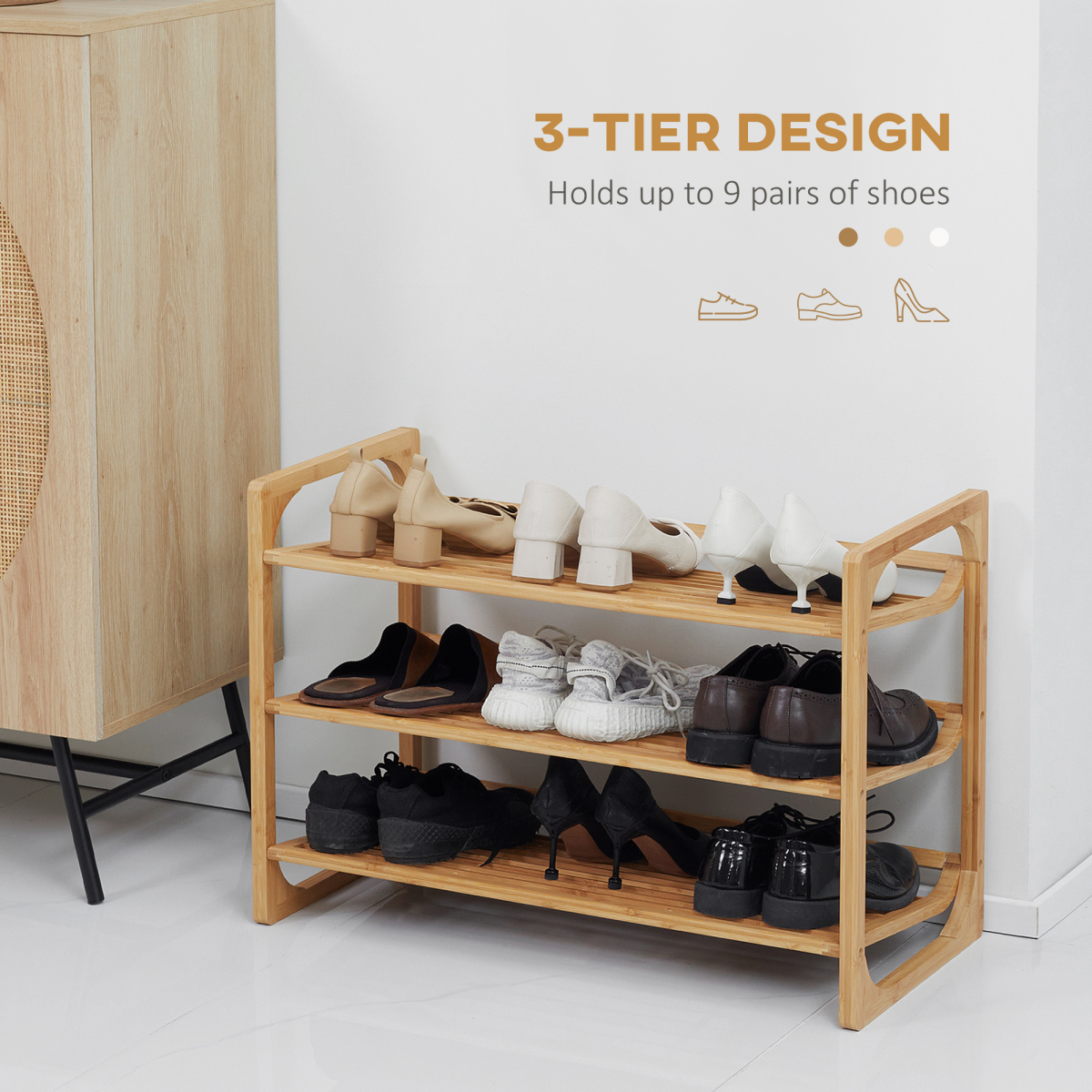 HOMCOM Bamboo Shoe Rack, 3-Tier Shoe Storage Shelf for 9 Pairs – 76 x 33 x 51cm