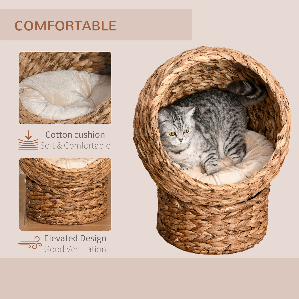 PawHut Wicker Cat House with Raised Cylindrical Base and Removable Cushion – Water Hyacinth Cat Bed