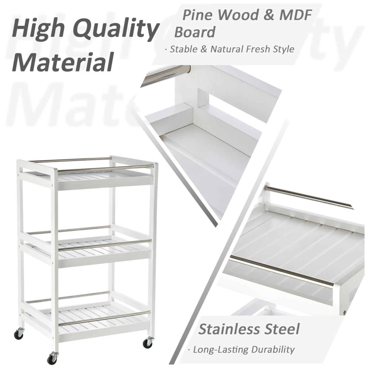 HOMCOM Pine Wood 3-Tier Kitchen Trolley with Four Wheels & Steel Handle – Storage Serving Cart, White