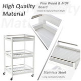 HOMCOM Pine Wood 3-Tier Kitchen Trolley with Four Wheels & Steel Handle – Storage Serving Cart, White
