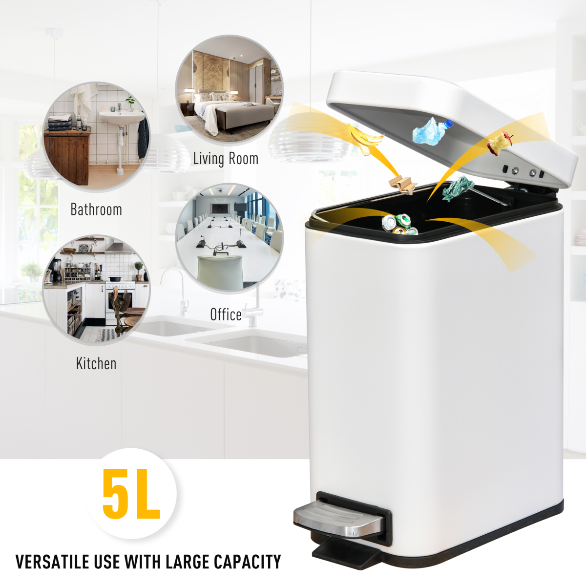 HOMCOM 5L Rectangular Steel Pedal Bin with Soft-Close Lid & Removable Inner Bucket – Compact White Kitchen Bin