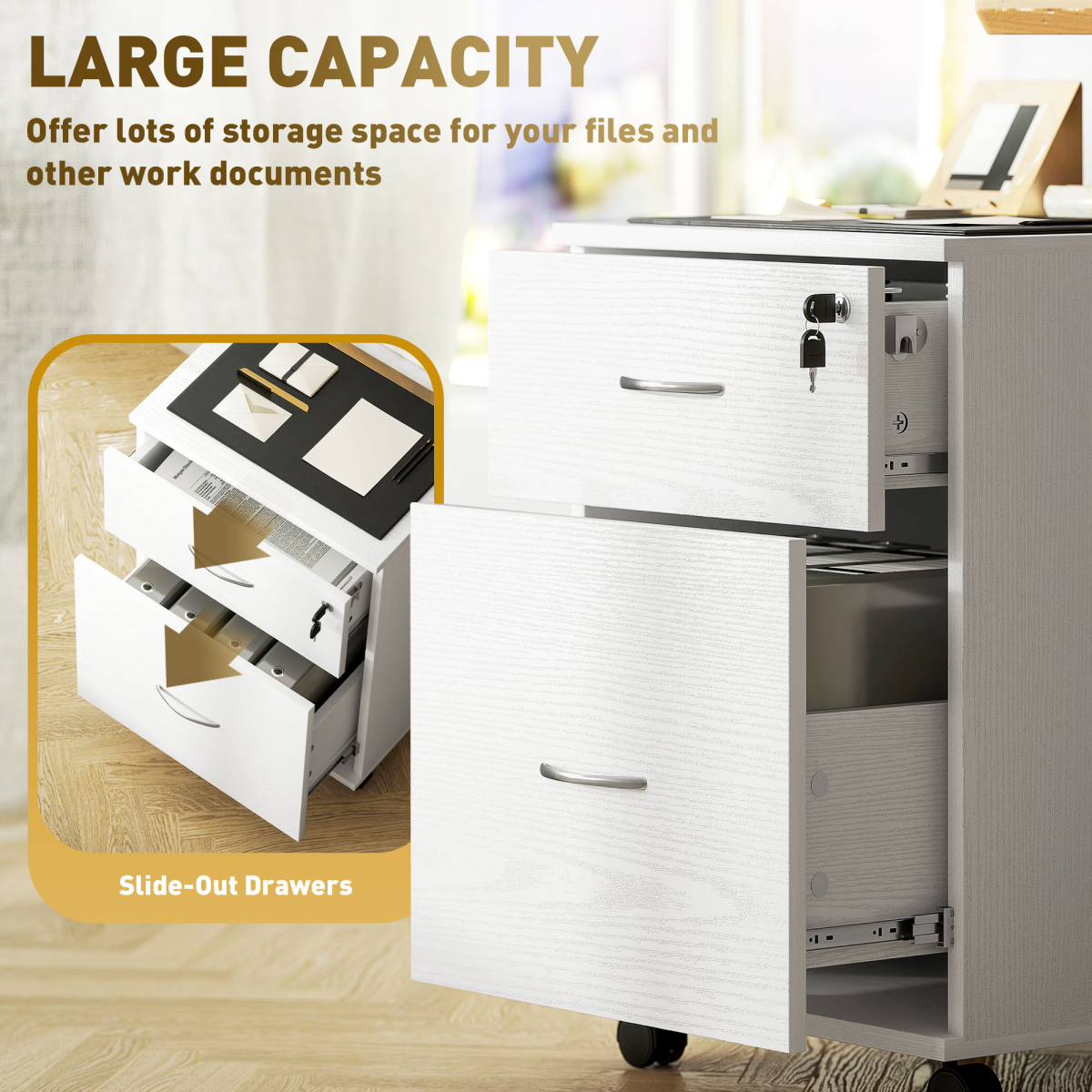 HOMCOM Mobile Office Pedestal Filing Cabinet with 2 Drawers, Lock and Wheels – Under Desk Storage, White