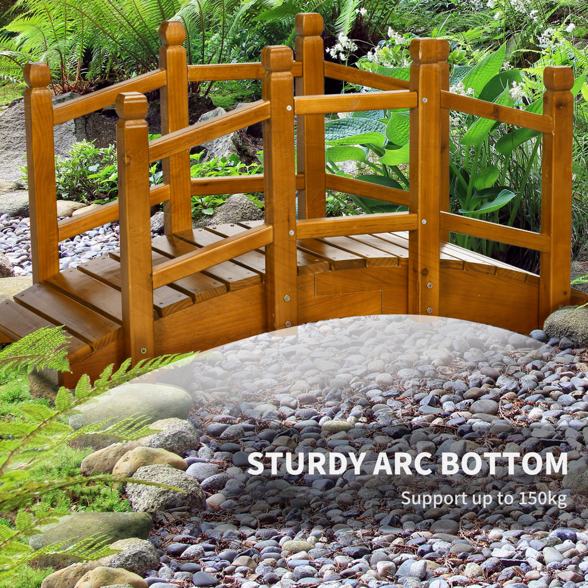 Outsunny Wooden Garden Bridge with Curved Safety Railings, 150kg Capacity – Arched Pond Footbridge