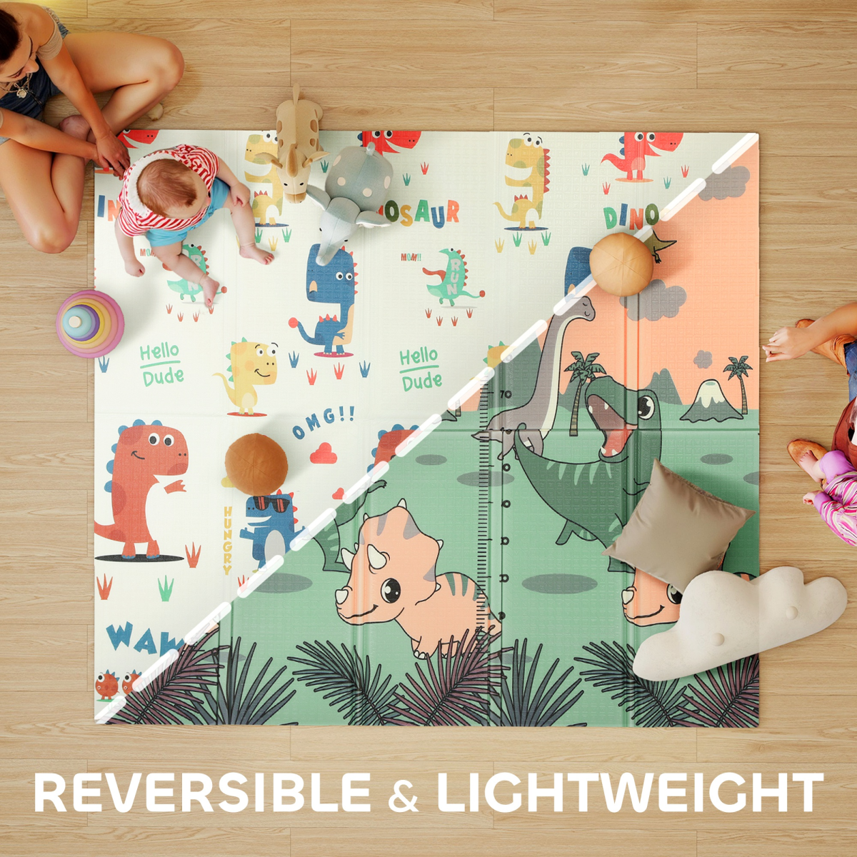 Foldable Baby Play Mat – Reversible Dinosaur Foam Crawling Mat, 196 x 176 cm