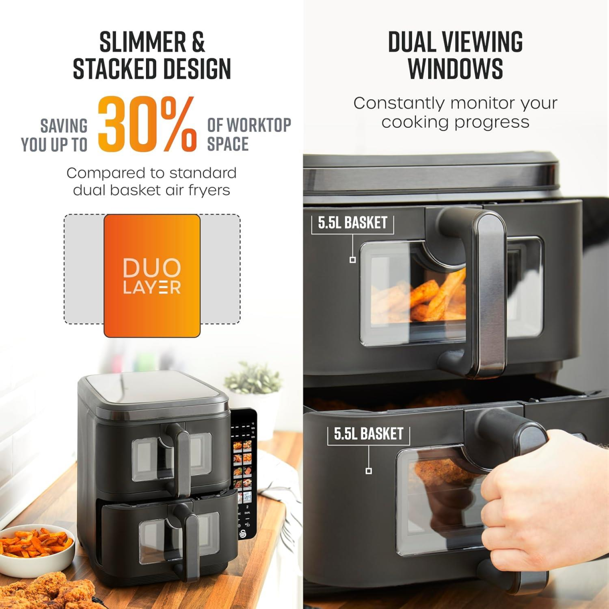 Swan 11L Twin Stack Dual Layer Air Fryer with 2 x 5.5L Baskets – Family Cooking, Space-Saving