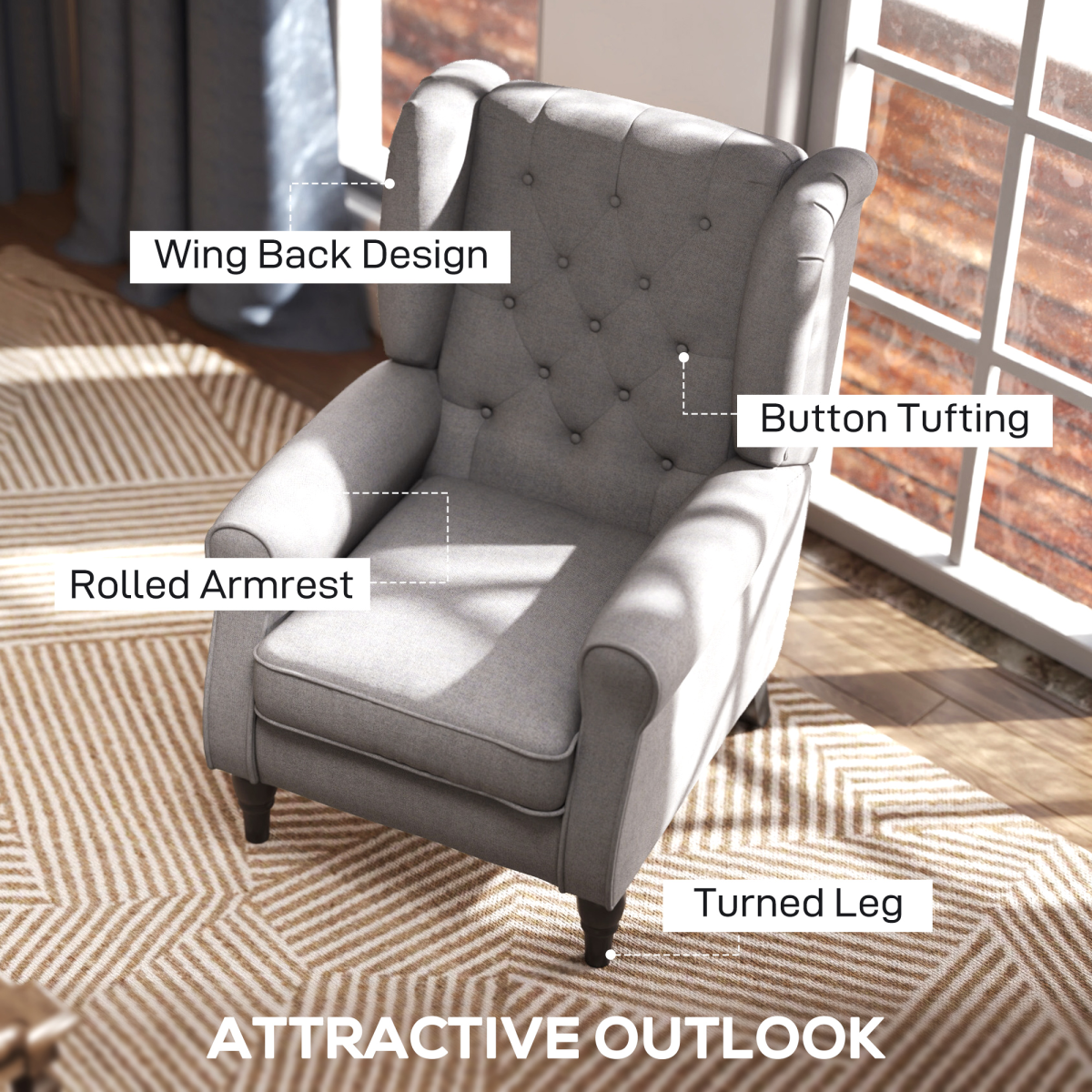 Retro Wingback Accent Armchair with Solid Wood Frame & Padded Seat – Living Room Reading Chair, Grey