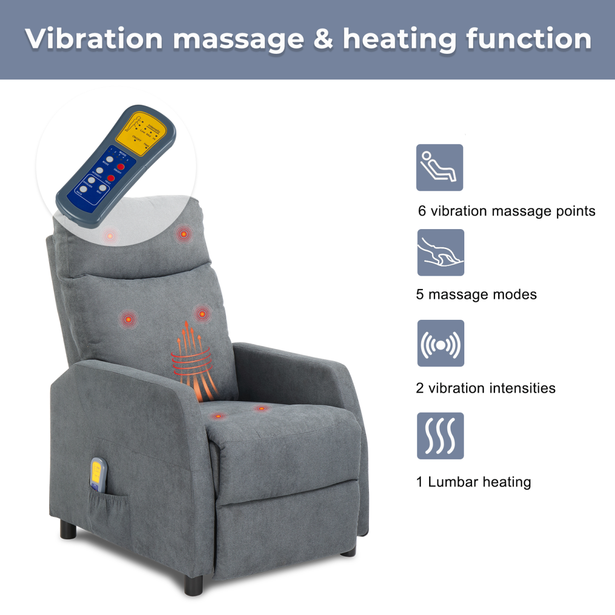 Electric Massage Recliner Chair with 6-Point Vibration & Heat – Home Lounge TV Chair, Light Grey Fabric