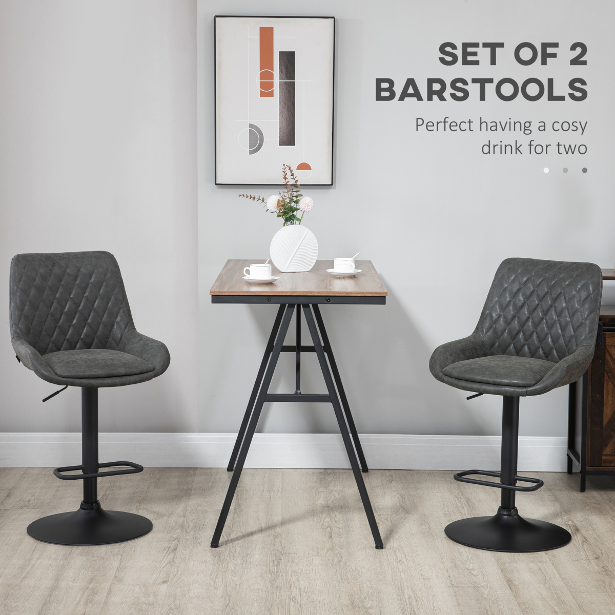HOMCOM Set of 2 Adjustable 360° Swivel Bar Chairs with Footrest – Kitchen Island Seating, Grey
