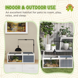 Wooden Tortoise House with Run, Adjustable Lamp Holder, Hide Box & Double Trays – Grey & White