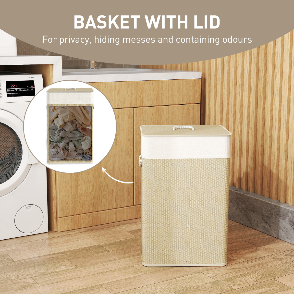 Bamboo Laundry Hamper Cabinet with Removable Lid and Detachable Bag – 72L Storage Basket, Natural Wood Finish