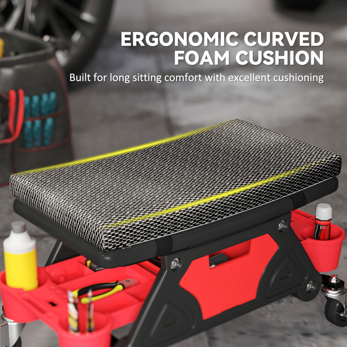 HOMCOM Rolling Mechanic Stool with Tool Trays, Drawer & Padded Seat – 135kg Capacity Workshop Stool, Black