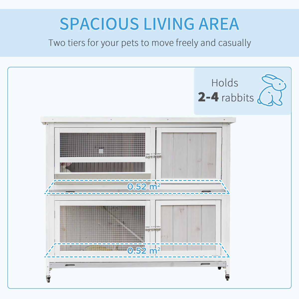 PawHut Two-Tier Wooden Rabbit Hutch with Ramp, Wheels, Trough & Rain Cover – Outdoor Pet House, Grey