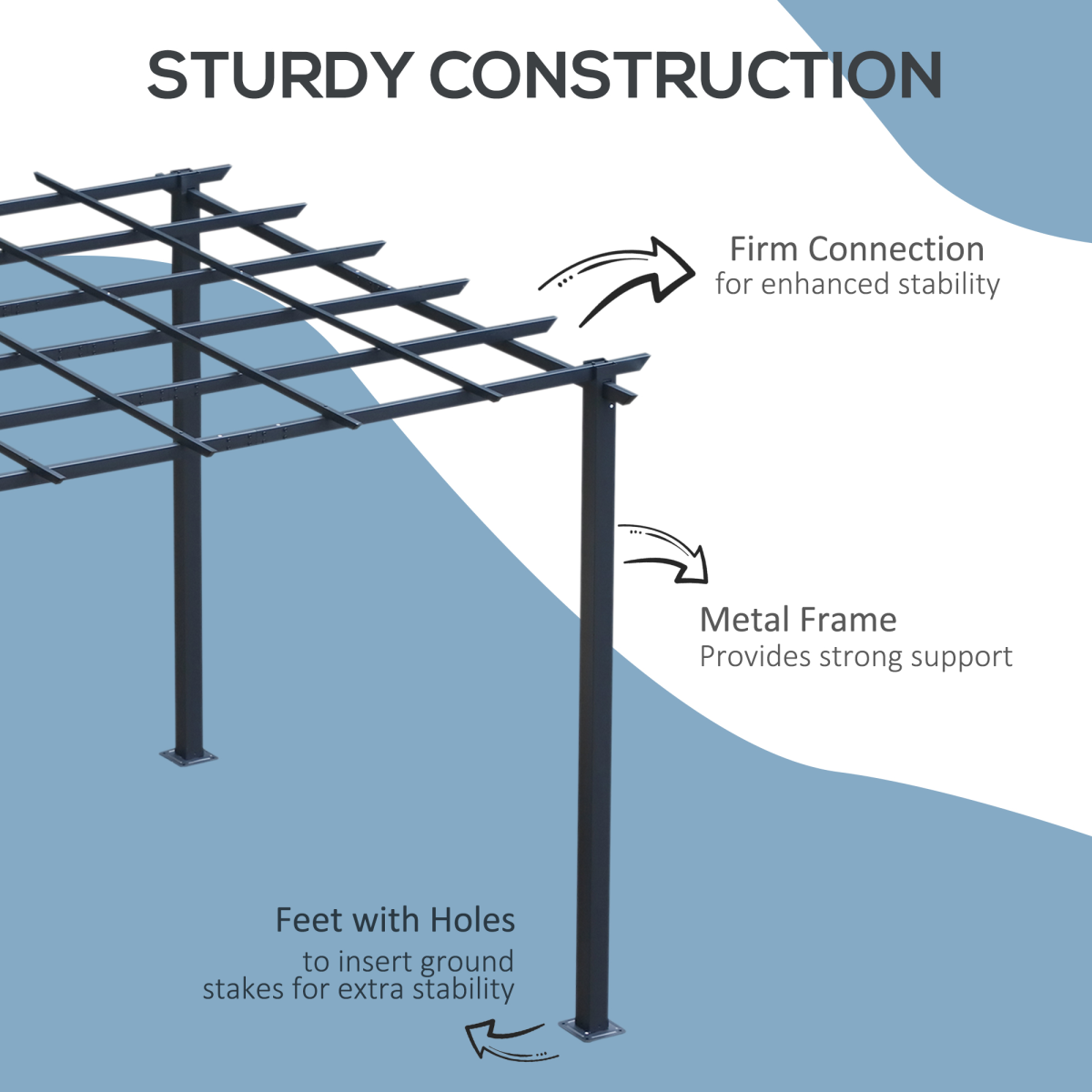 Outsunny 3 x 3m Metal Pergola with Grid Top & 8 Ground Stakes – Garden Plant Support Frame, Black