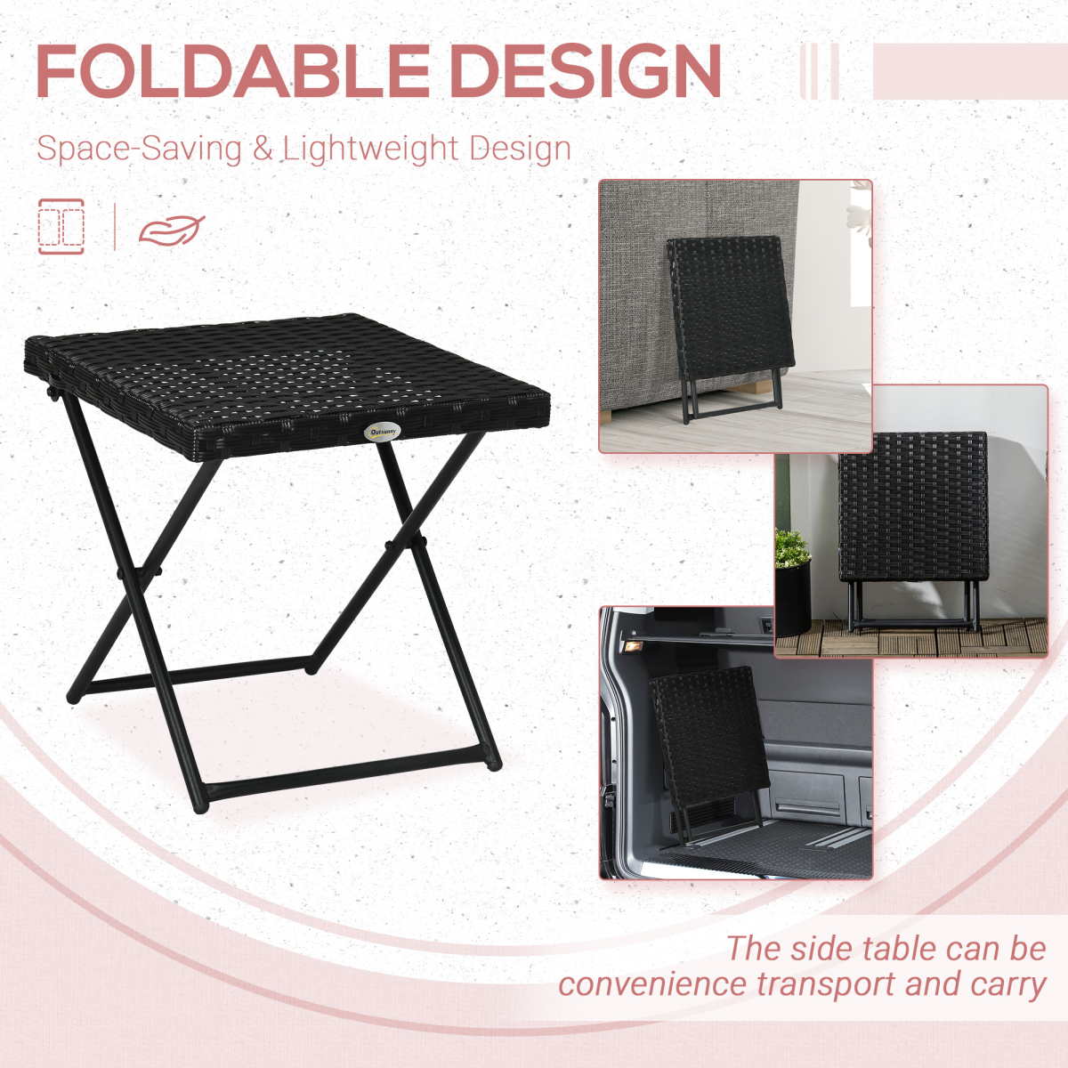 Outsunny Folding Square Rattan Coffee Table with Steel Frame – Outdoor Bistro and Balcony Table, Black