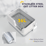 PawHut Stainless Steel Cat Litter Box with High Sides, Sand Drop Area & Scoop – Extra Large, Grey