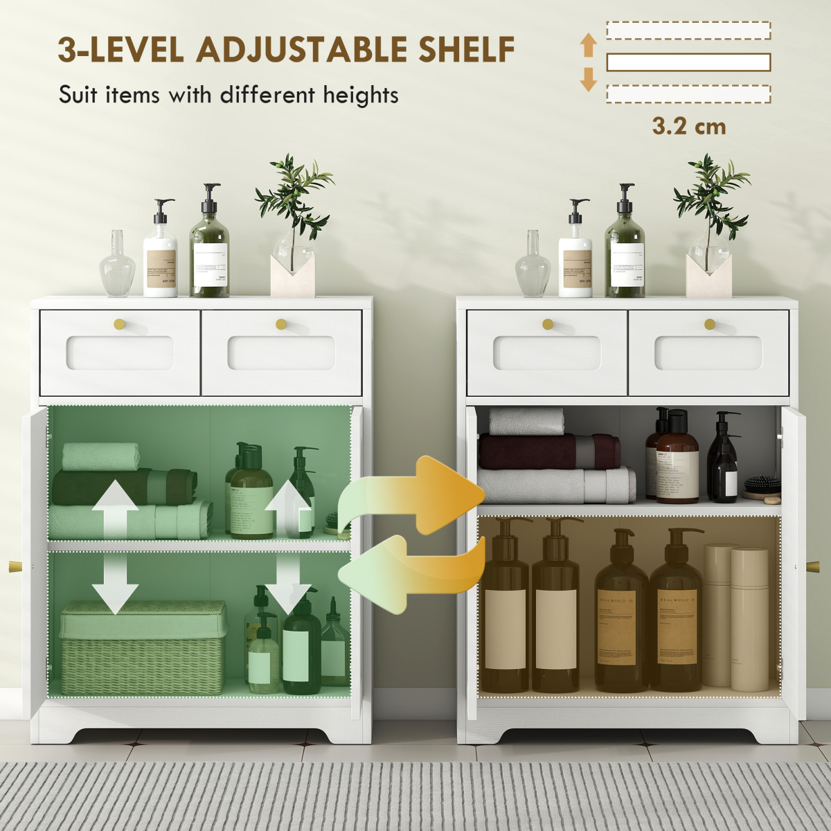 HOMCOM Bathroom Floor Cabinet with 2 Arched Doors, 2 Drawers & Adjustable Shelf – White