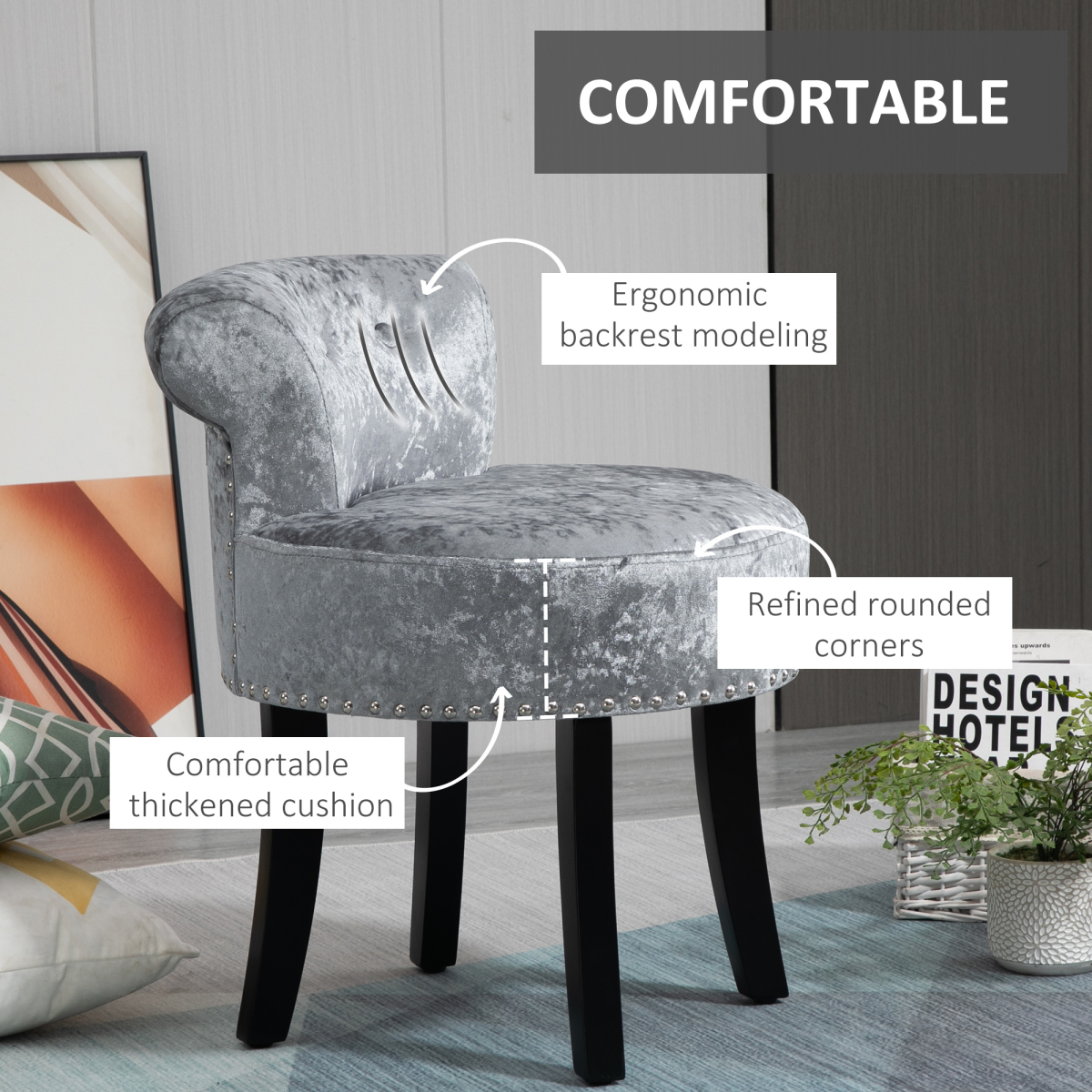 Dressing Table Stool with Padded Seat & Solid Rubberwood Legs – Compact Vanity Seat, Grey