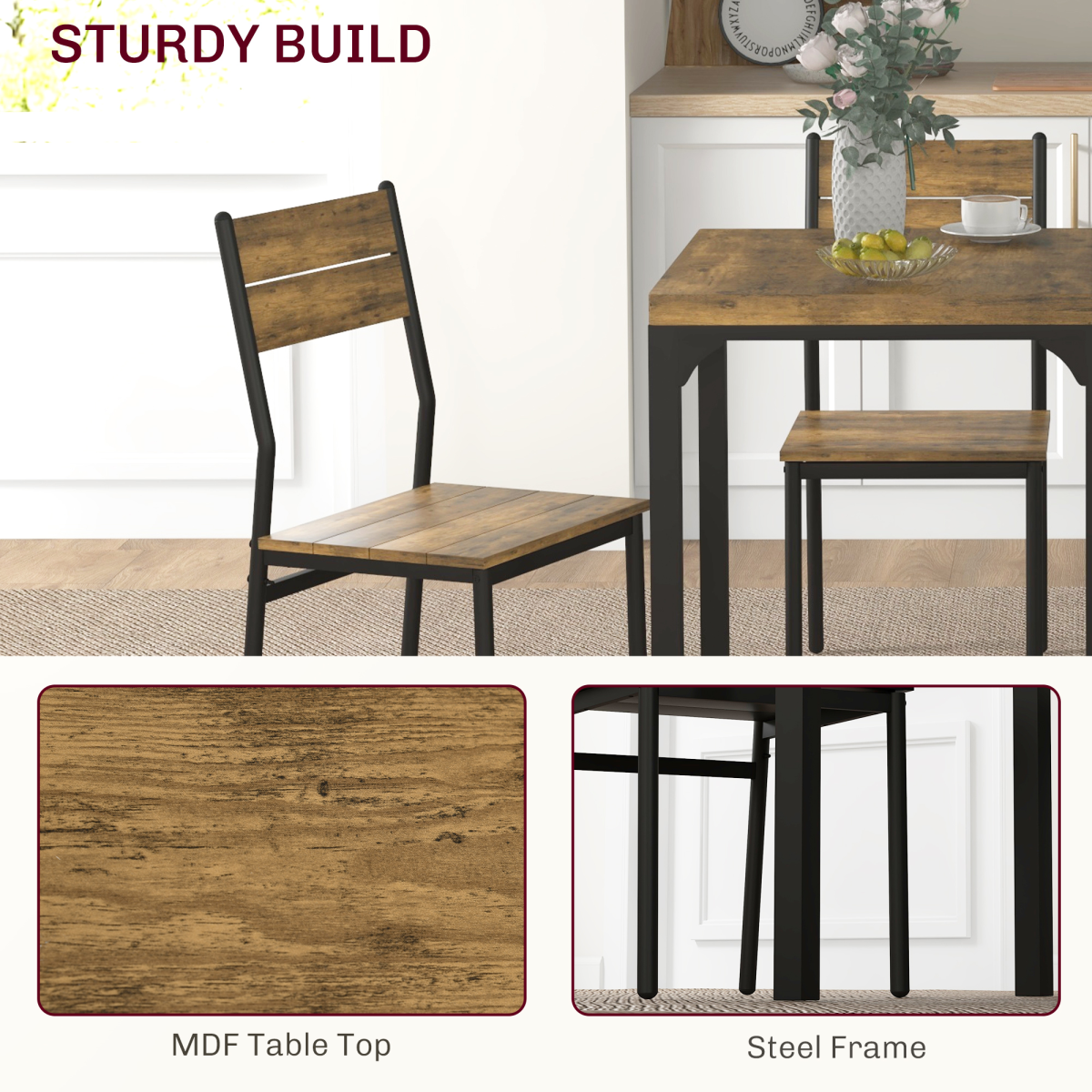 HOMCOM 3 Piece Compact Dining Table & 2 Chairs Set with Wood-Effect Finish – Small Space Dining, Rustic Brown
