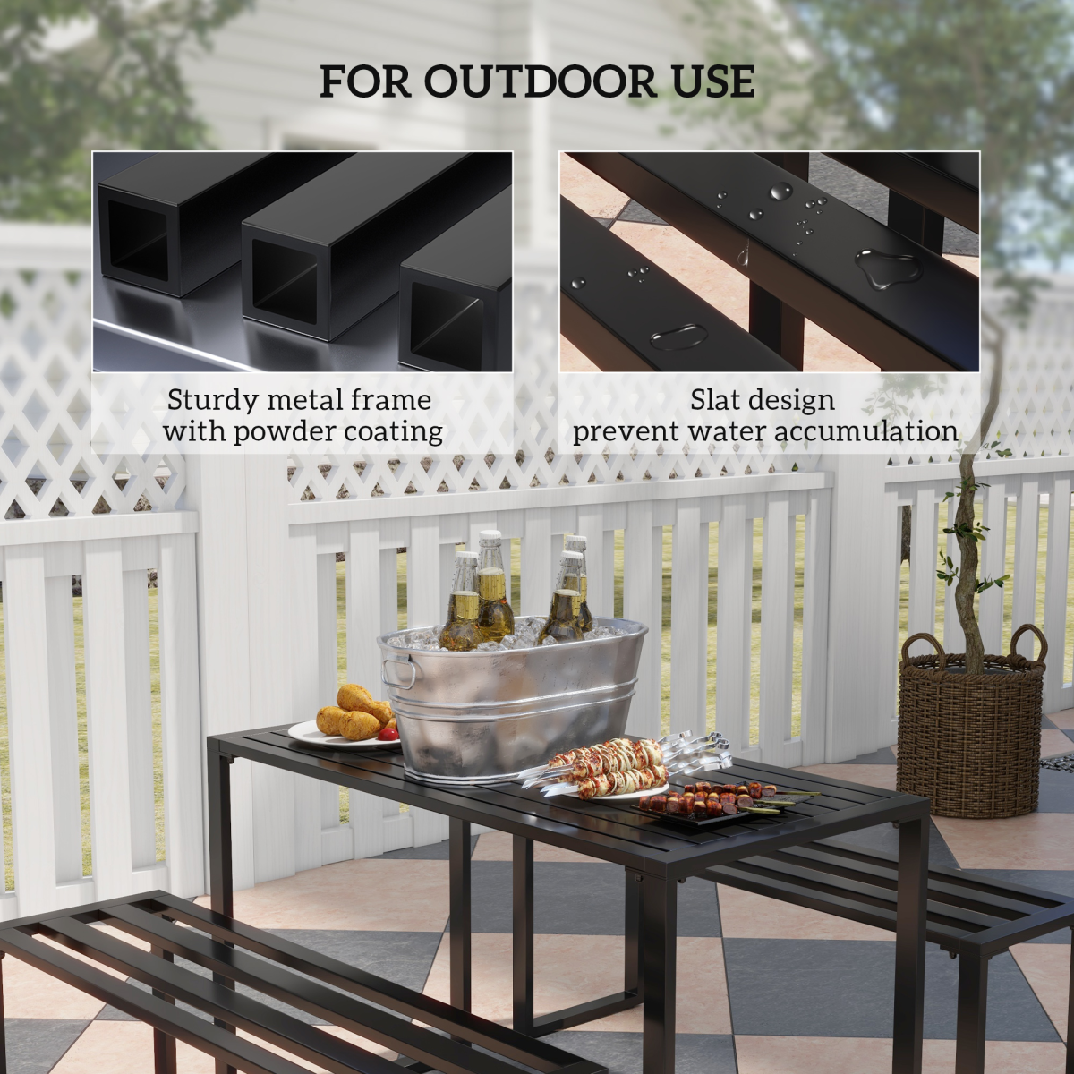 Outsunny 3 Piece Metal Garden Table & Bench Set, Seats 4 – Reinforced Slatted Patio Dining Furniture, Black