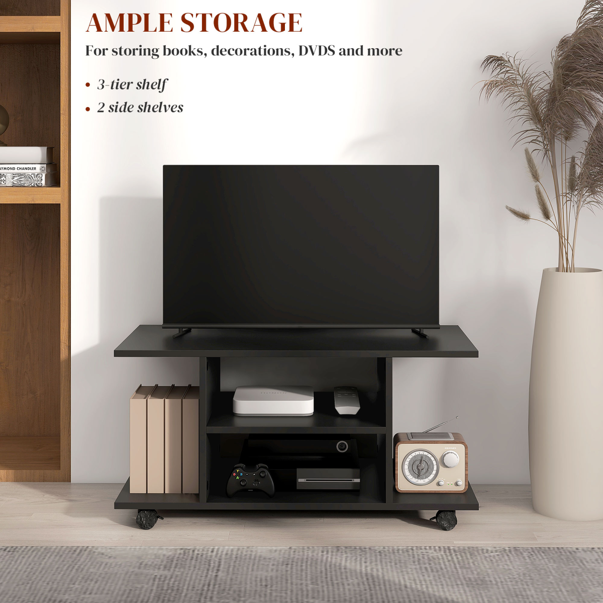 HOMCOM Mobile TV Stand Bookshelf with 3 Tiers and Lockable Castor Wheels – Modern Storage Cabinet, Black