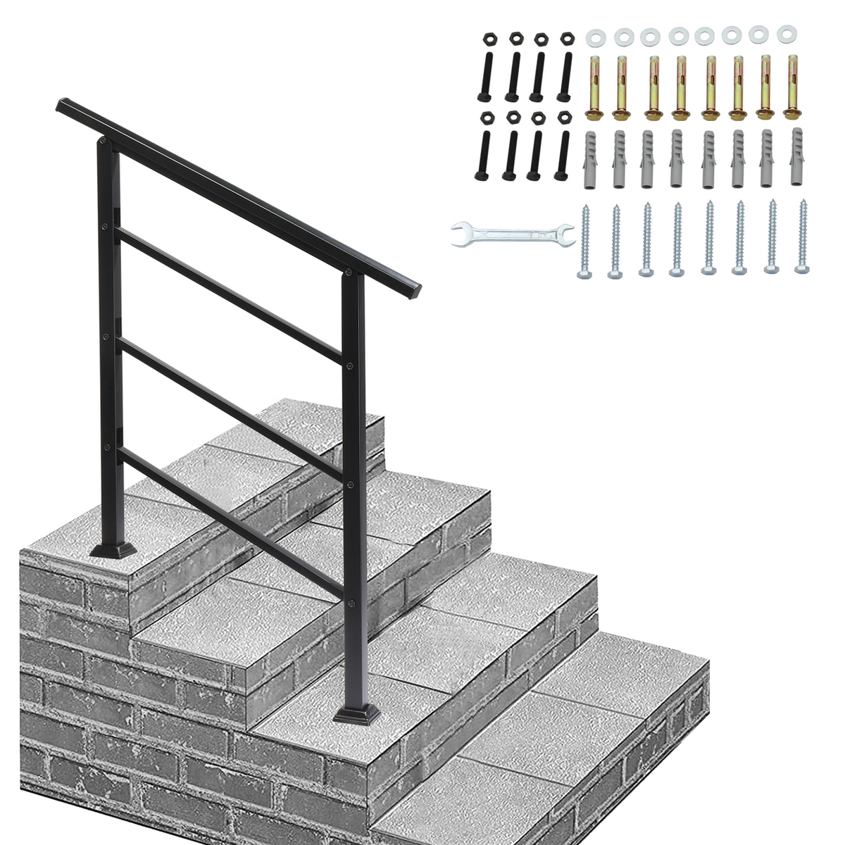 Wrought Iron Handrail for Outdoor Steps, Fits 1 to 3 Steps – Black Powder-Coated Rail with Installation Kit