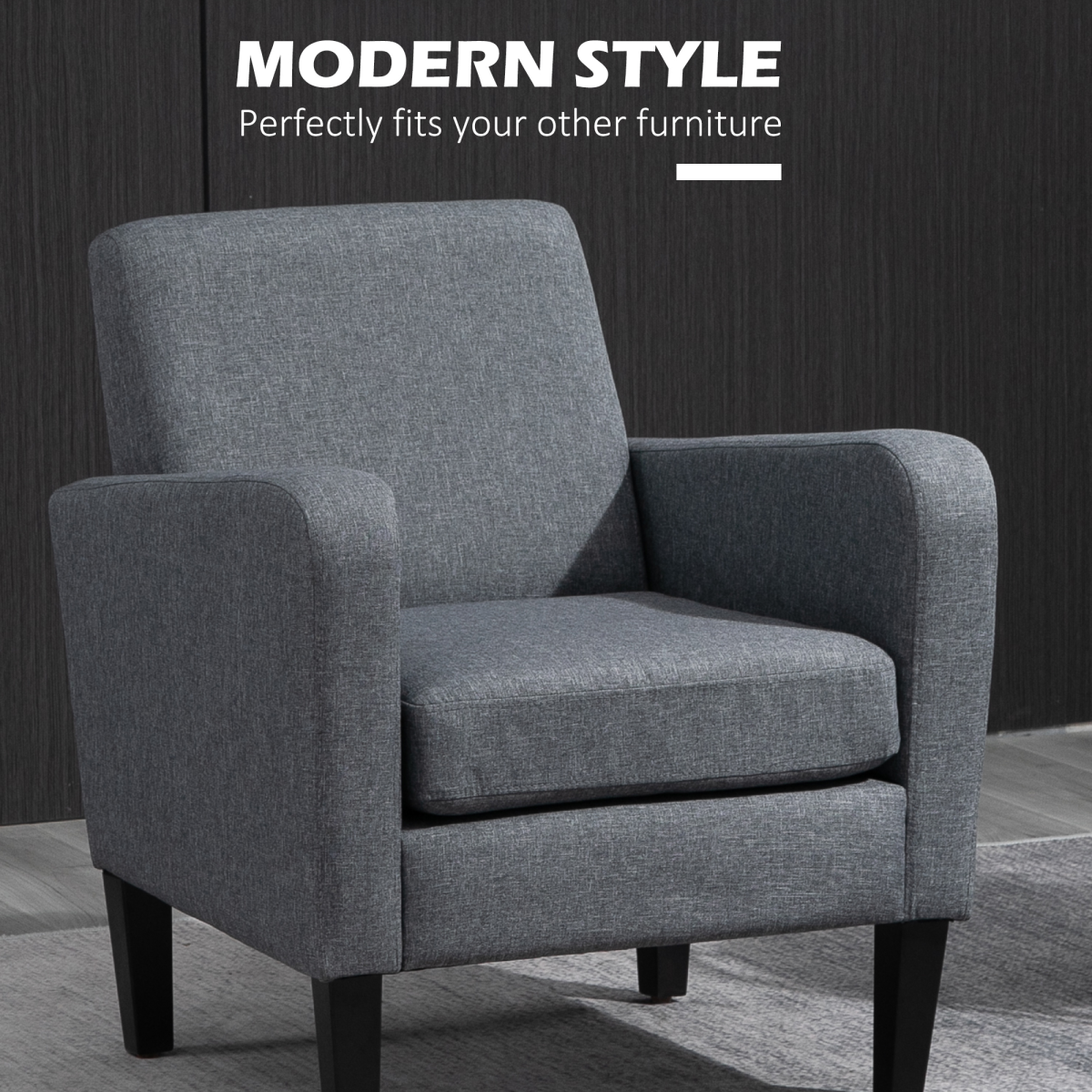 HOMCOM Linen-Look Curved Accent Armchair with Thick Cushion & Solid Wood Legs – Living Room Chair, Grey