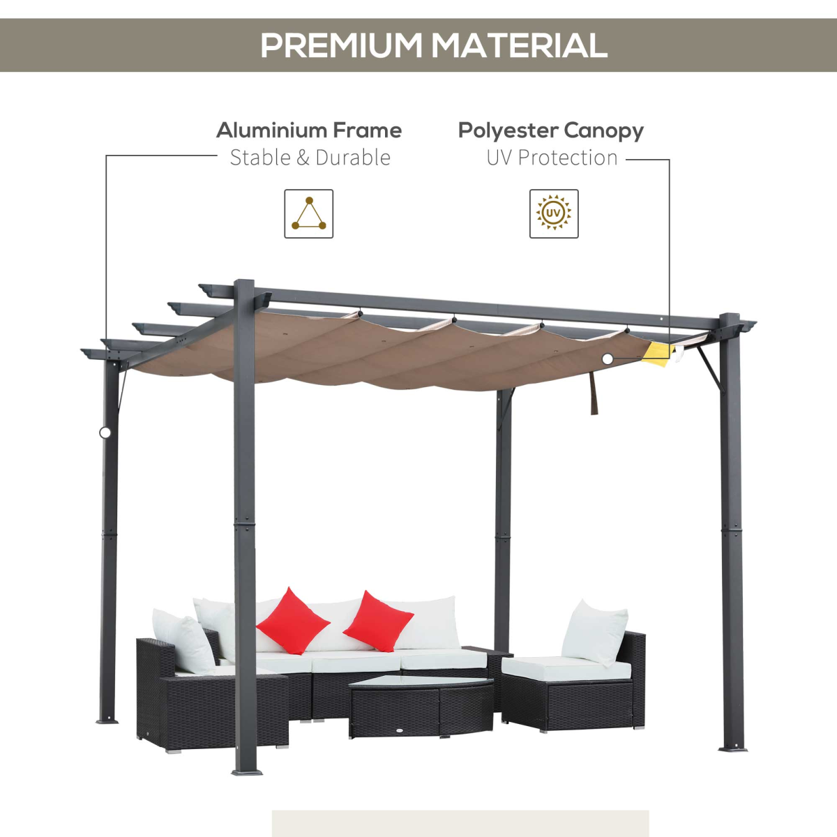 Outsunny 3m x 3m Aluminium Pergola Gazebo with Retractable Canopy – Garden Sun Shade Shelter, Brown/Black