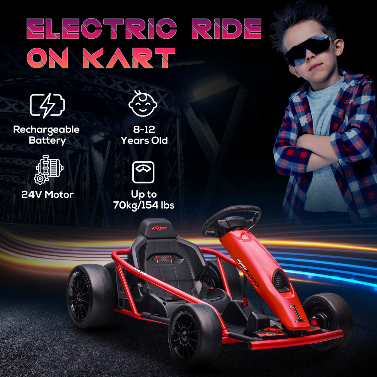 HOMCOM 24V Electric Go Kart for Kids with Music, Horn & Slow Start – Drifting Ride-On, Red
