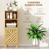 HOMCOM Narrow Bathroom Storage Cabinet with Open Compartments & Bamboo Door – Slim Floor Cabinet, Natural