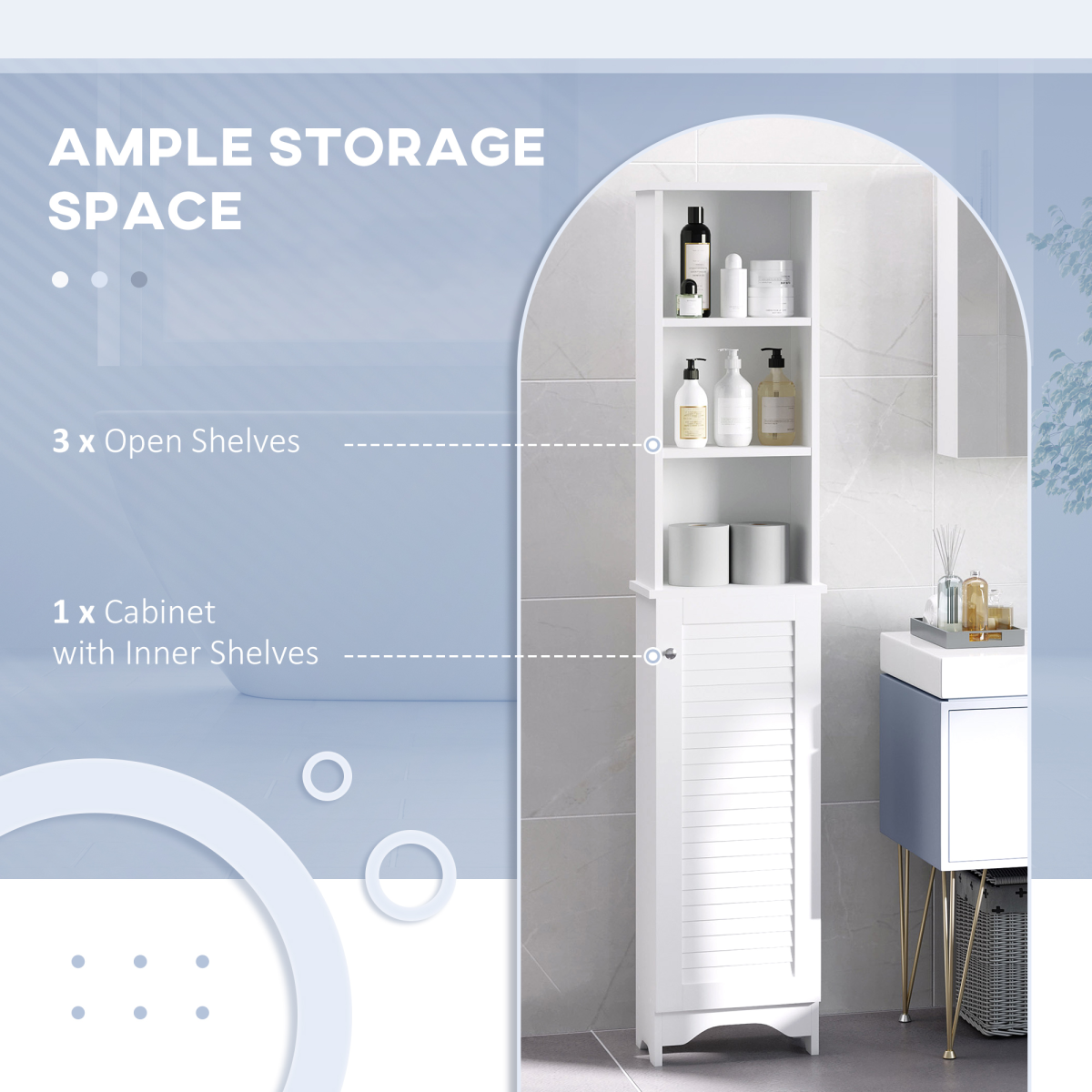 HOMCOM 6-Tier Tall Bathroom Storage Cabinet with Shutter Door – Slim Narrow Unit, White