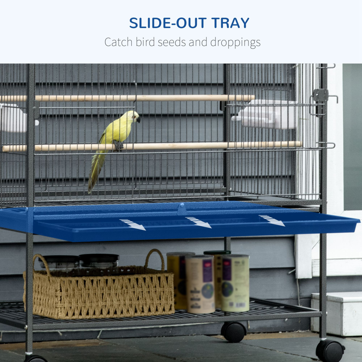 Bird Cage Aviary for Budgies and Canaries with Rolling Stand and Slide-Out Tray – Perches and Food Cups, Grey