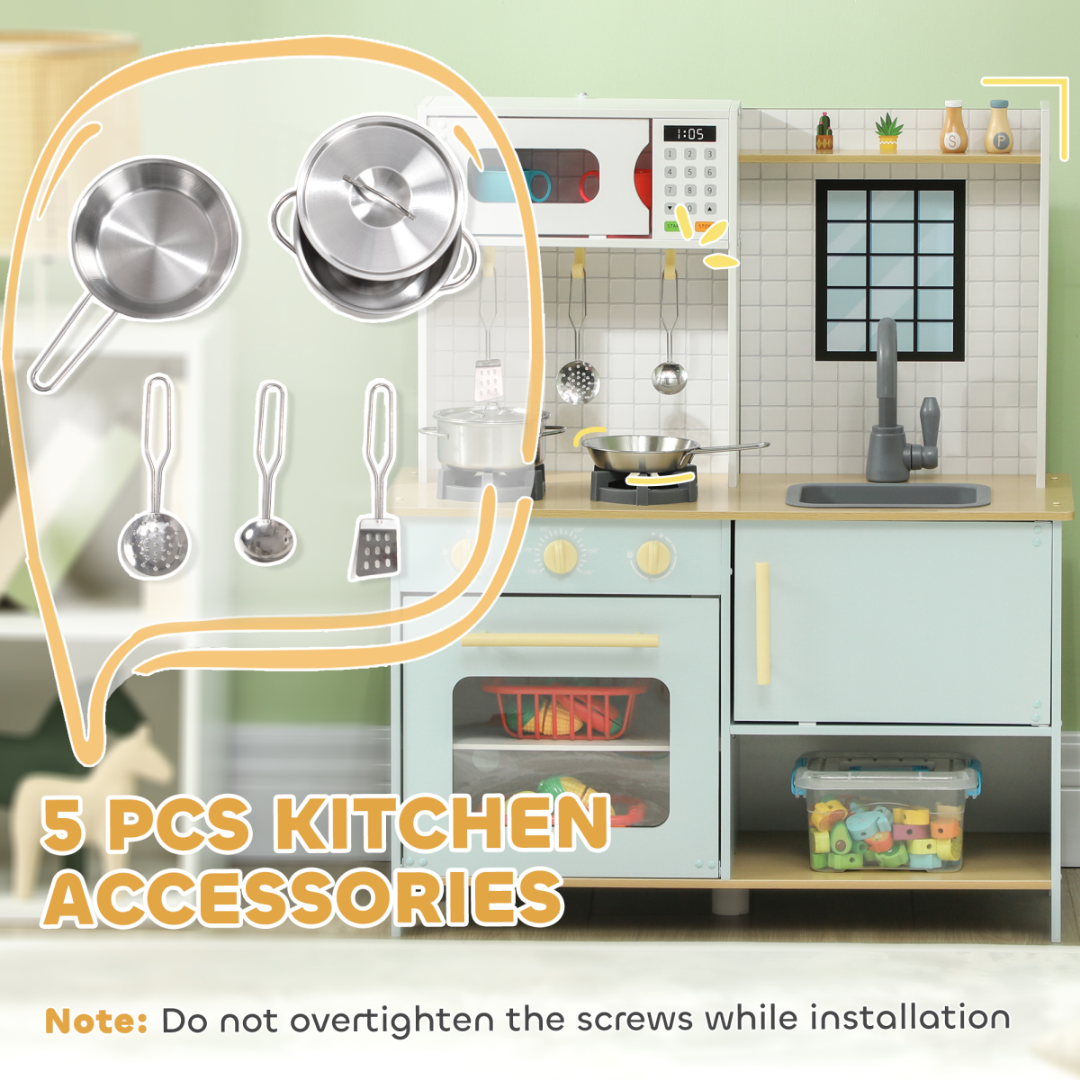 AIYAPLAY Play Kitchen with Light & Sound Stove, Microwave, Oven & Sink – Kids Kitchen Playset, Blue and White