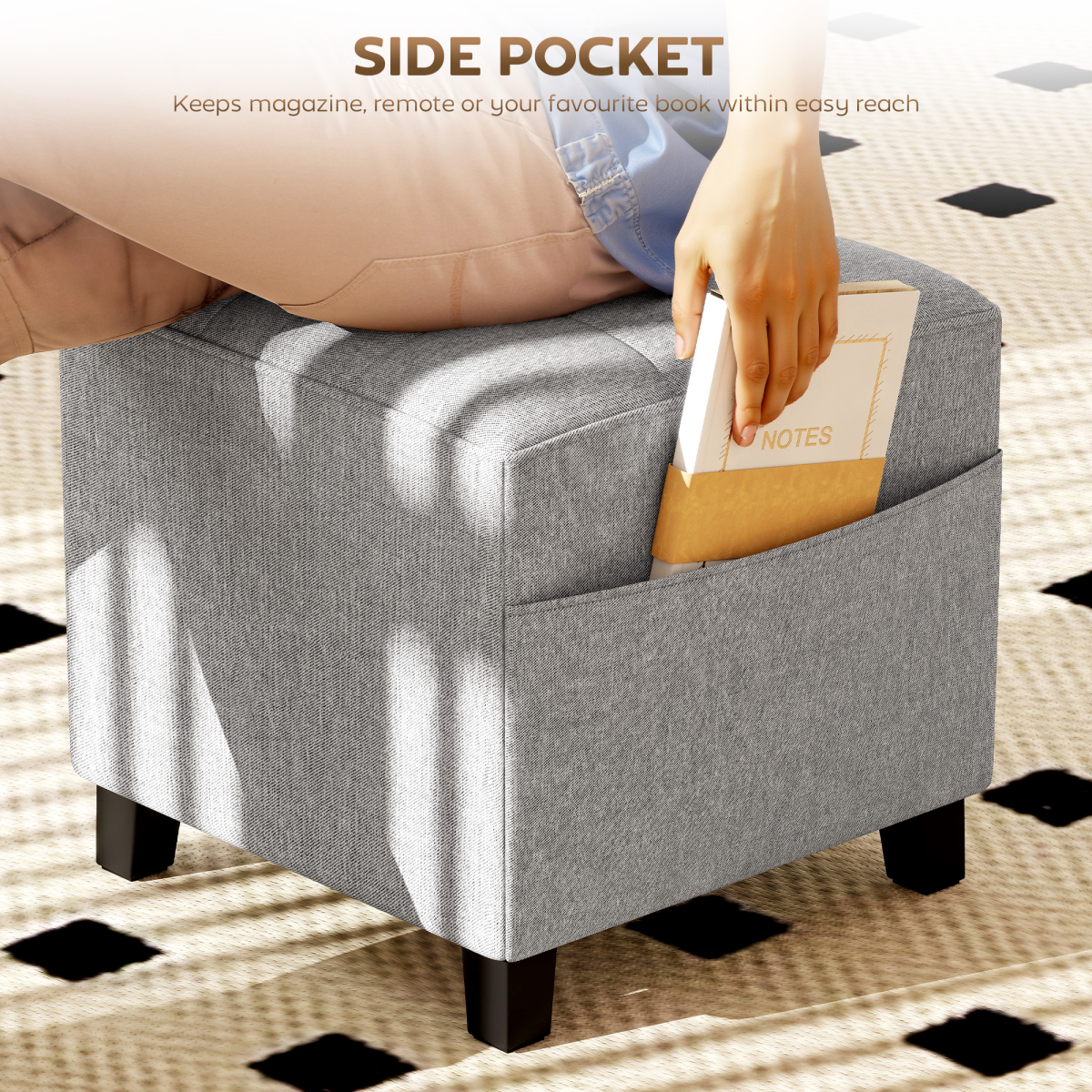 HOMCOM Small Square Ottoman Footstool with Padded Seat & Side Pocket – Footrest, Extra Seating, Light Grey