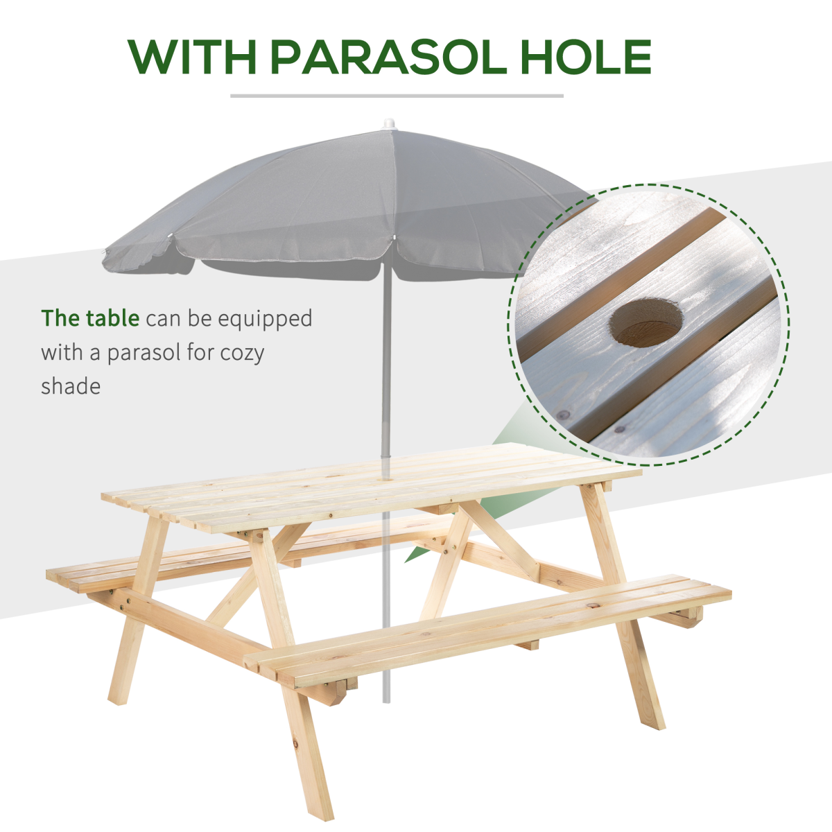 Outsunny 4-Seater Wooden Picnic Table Set with Parasol Cutout, Hand-Finished Fir Wood – Pub-Style Seating