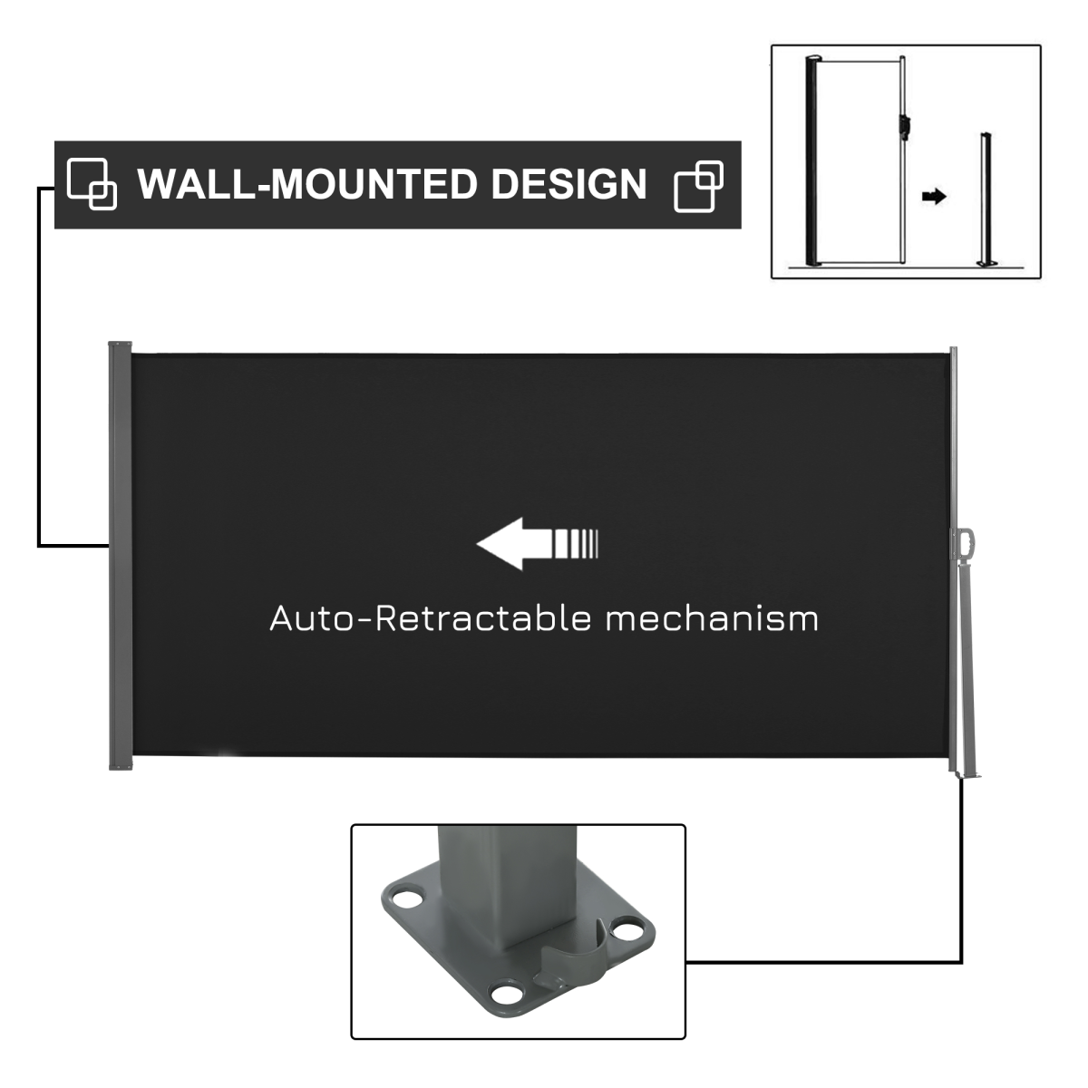 Outsunny 3 x 1.6m Retractable Side Awning Privacy Screen with Steel Frame – Garden Fence Panel, Black