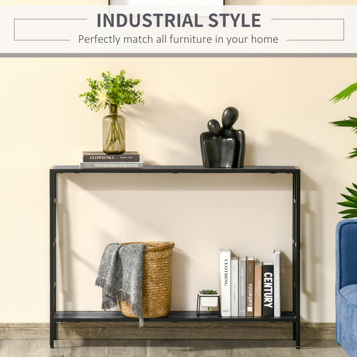 HOMCOM Art Deco Console Table with 2 Shelves & Steel Frame – Slim Hallway & Living Room Display