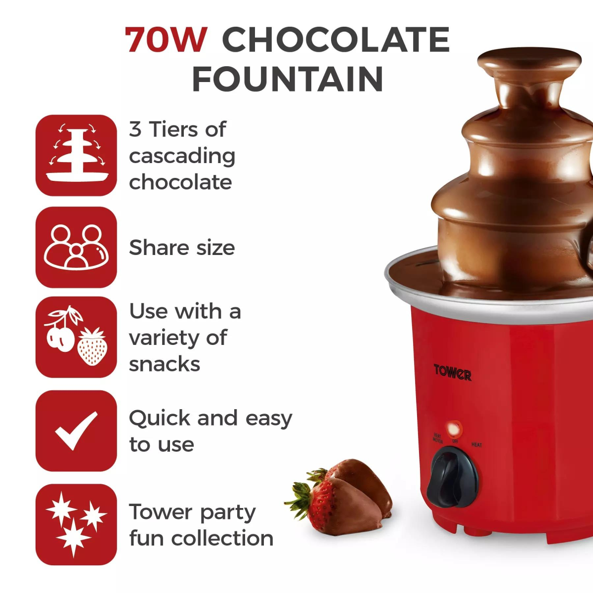 Tower Chocolate Fountain, 90W 3-Tier Electric Fountain with Heated Base – Party Dipping Fun, Red (T19051RD)