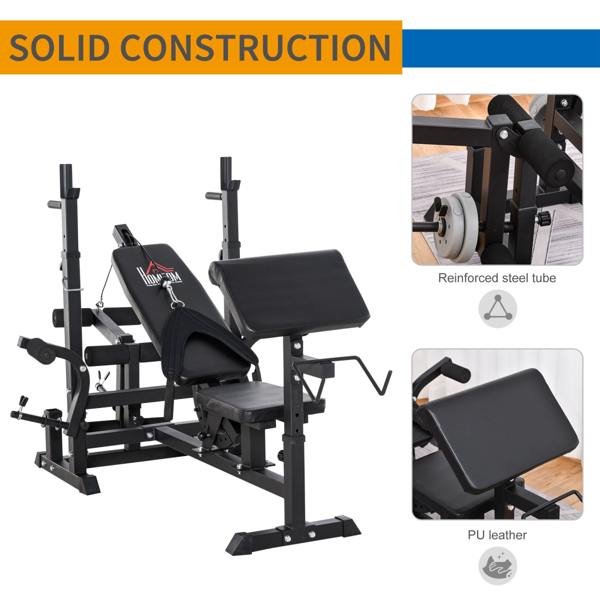 HOMCOM Multi-Exercise Weight Bench with Barbell Rack, Preacher Curl, Leg Extension & Resistance Bands