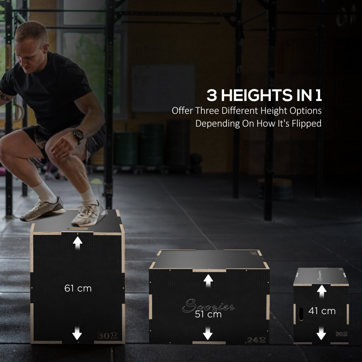 SPORTNOW 3-in-1 Wooden Plyometric Jump Box, 41/51/61cm Heights – Non-Slip Plyo Box for Home Gym Training, Black